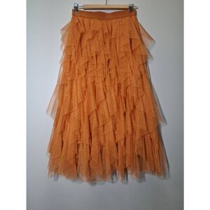 Anthropologie womens small tulle maxi skirt ruffle papaya rust copper